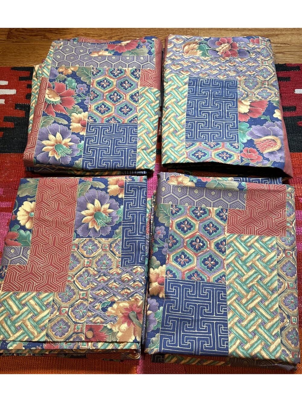 Sheridan Australia Drapes Curtains Set Of 4, Patchwork Blue Red Lined Rare50x84”